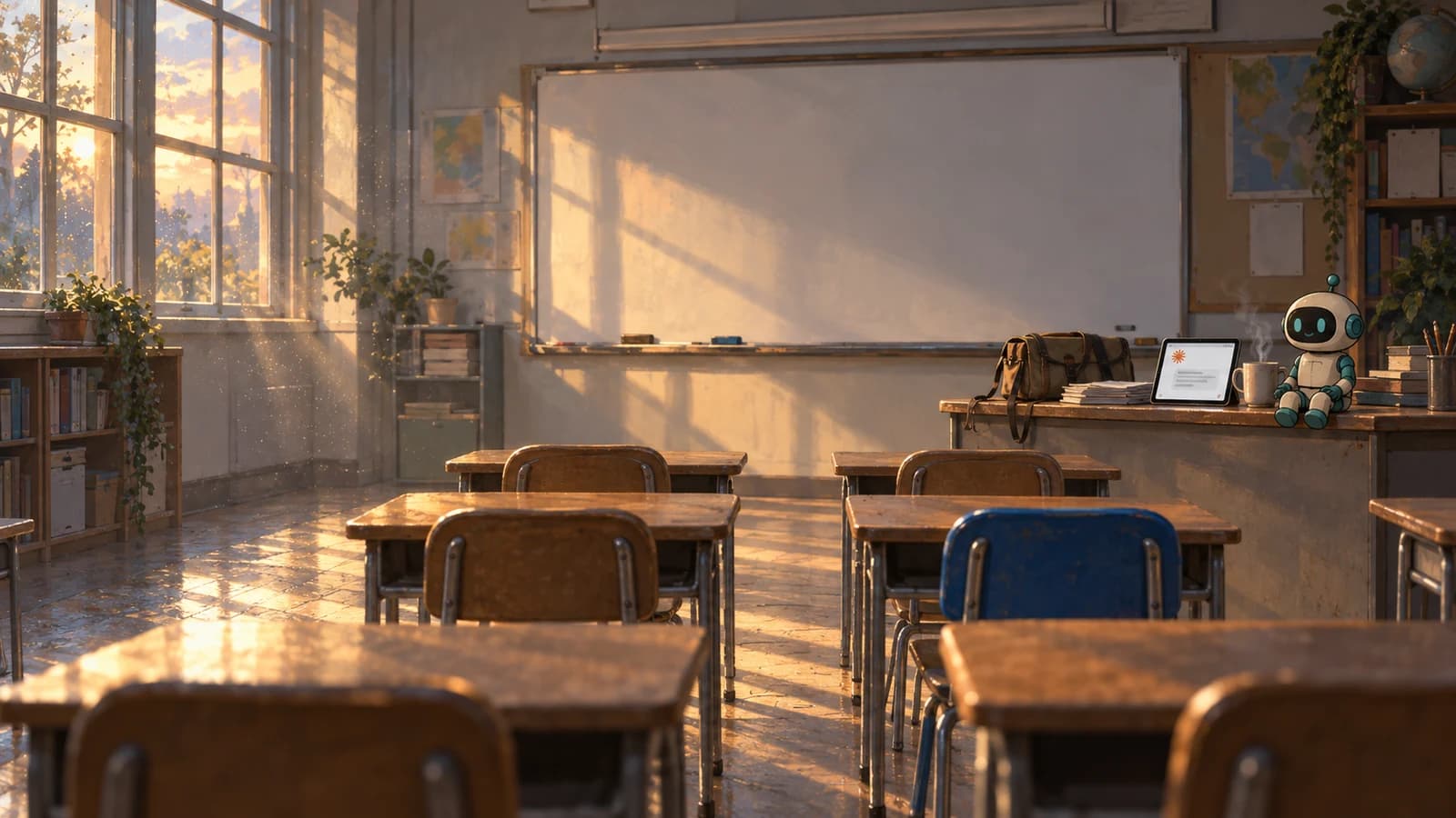 An empty classroom before the bell, looking from the back of the room down the rows of desks toward a blank whiteboard, with a teacher's bag and tablet on the desk.