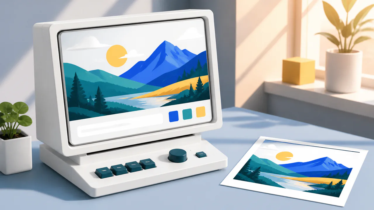 Illustration of a sunlit image workstation creating a colorful landscape and a matching print.