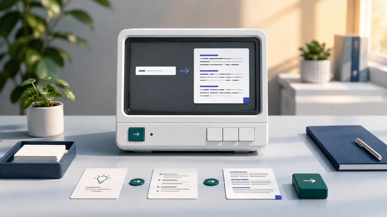 Illustration of a sunlit prompt workstation turning a short idea into a structured document.