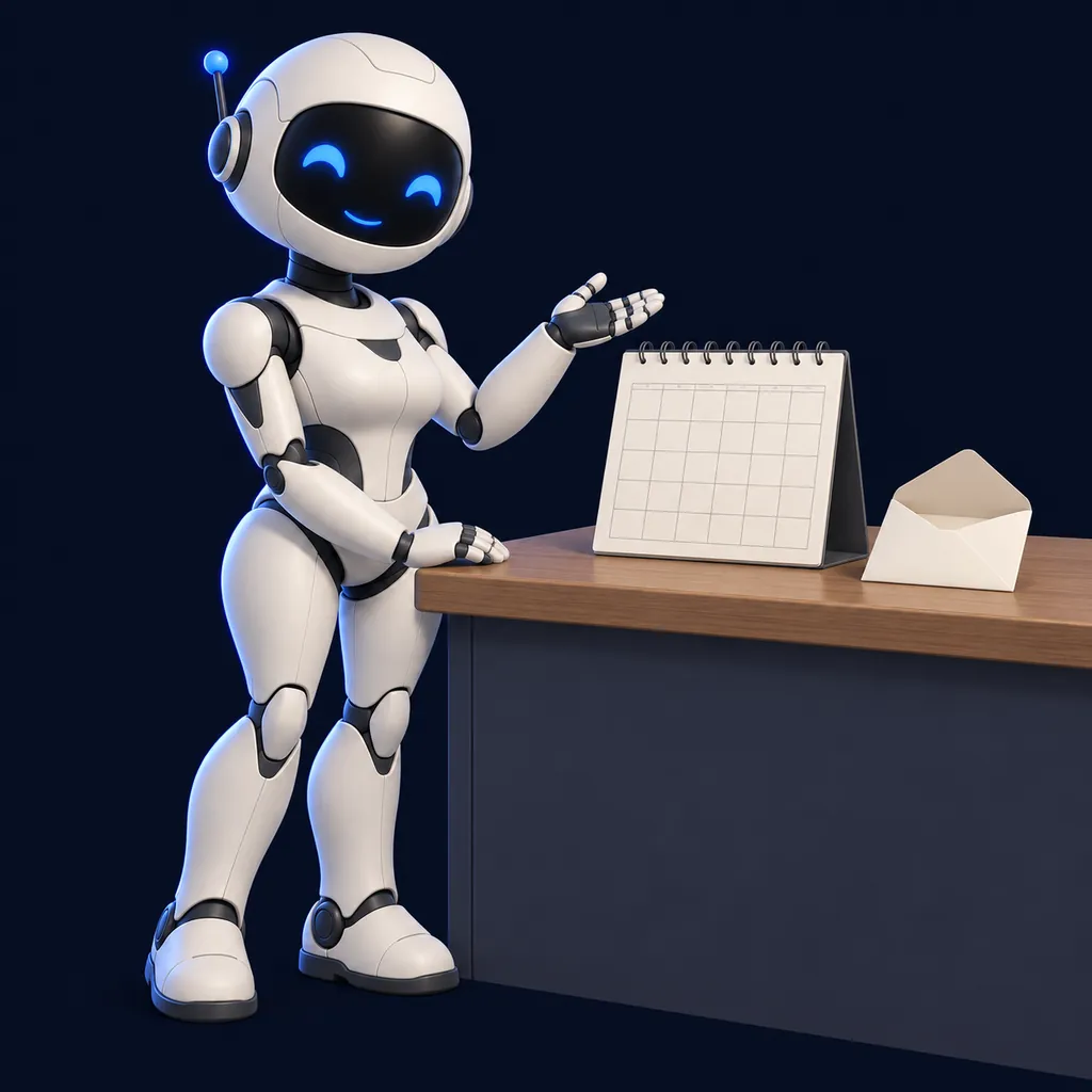 A small business owner at a shop counter with an AI assistant helping on a tablet