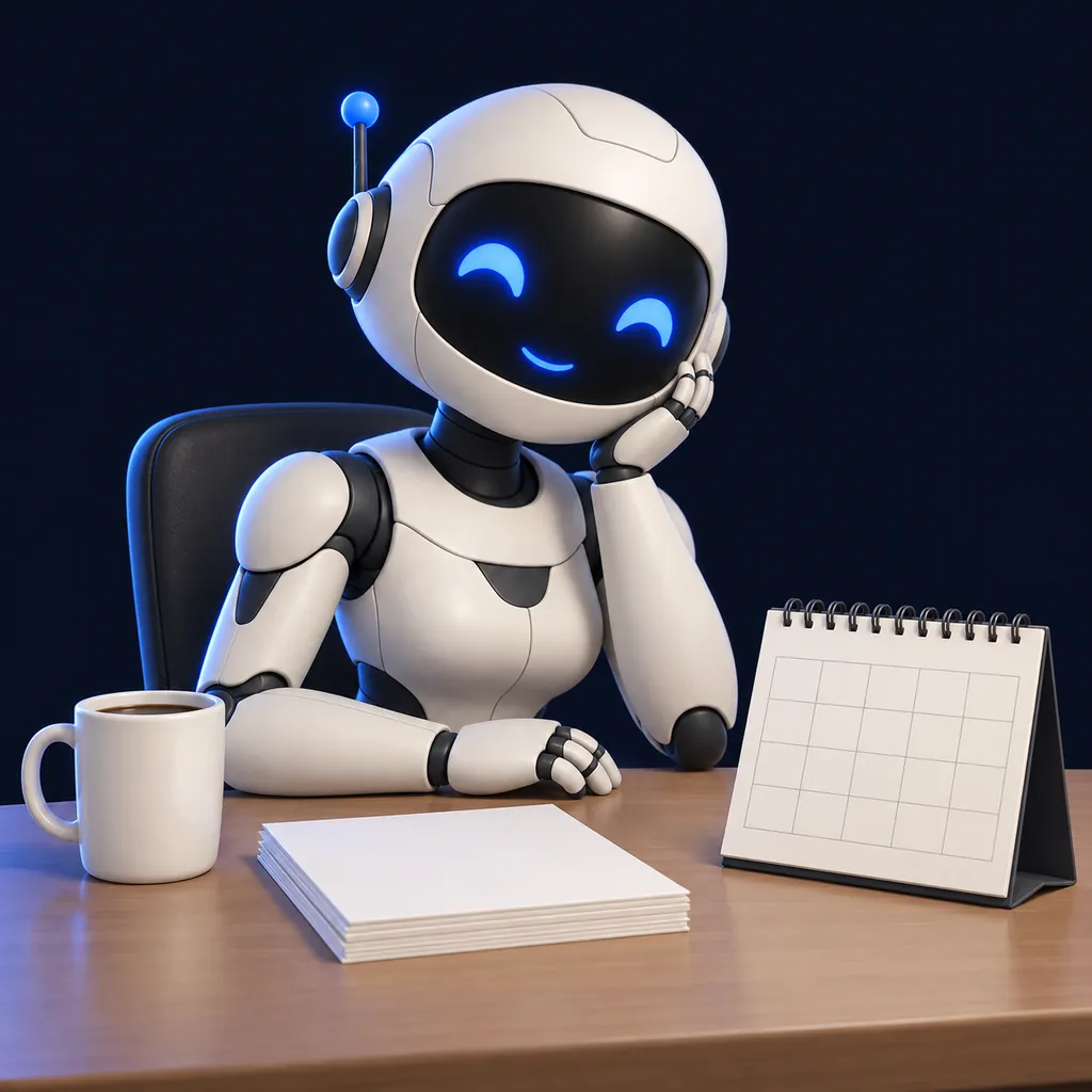 An office worker at a desk with an AI assistant managing their calendar and inbox