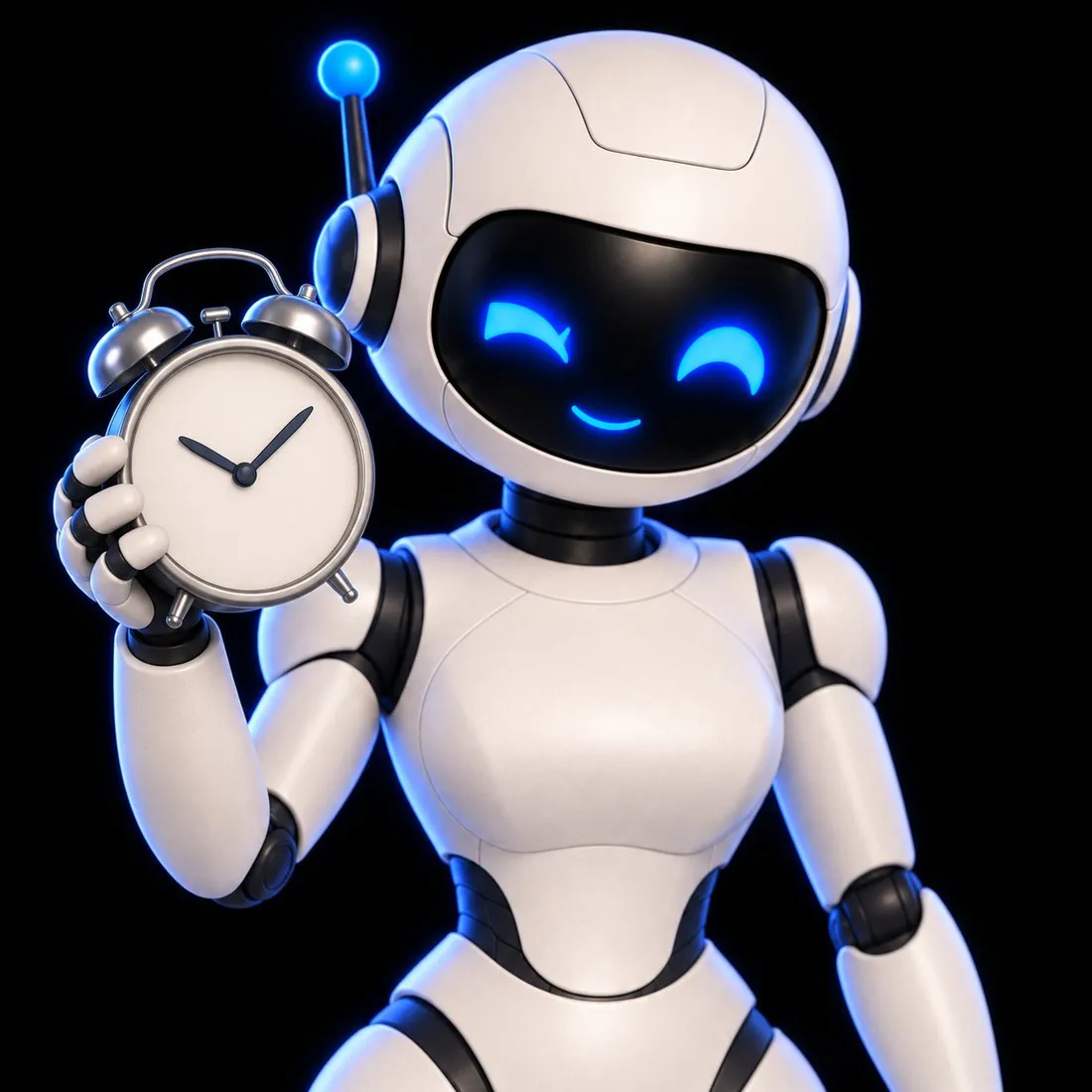 Jess beside a ringing alarm clock, showing an assistant that starts work on its own schedule