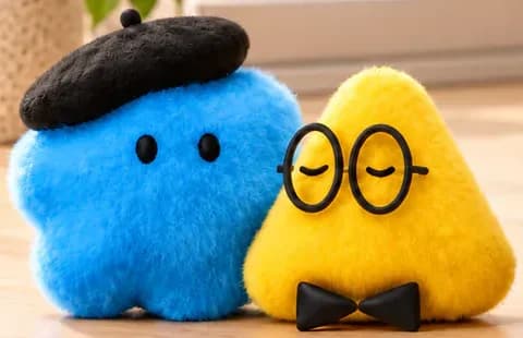 Dots, a fuzzy blue character in a black beret beside a yellow triangle character with round glasses and a bow tie