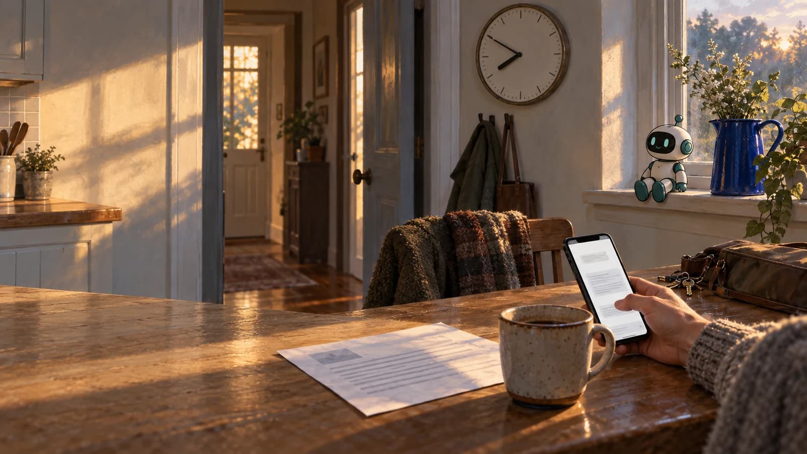 A kitchen table at ten to eight in the morning: a wall clock reading 7:50, a coat over the chair, keys and a bag by the door, a half-drunk coffee, a letter on the counter, and a hand holding a phone.