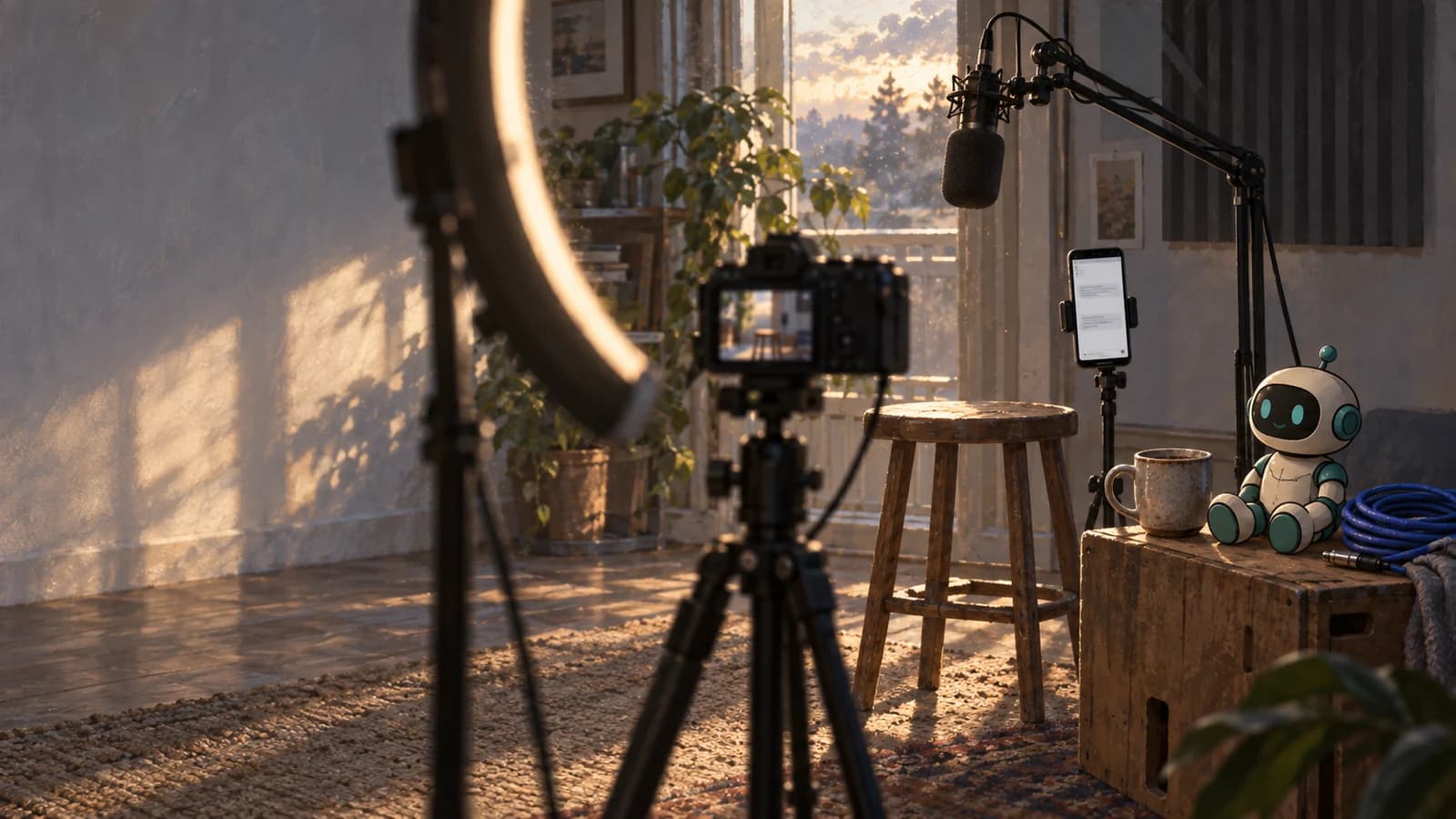 A home studio seen past a ring light, with a camera on a tripod, a microphone on a boom and a phone on a mount.