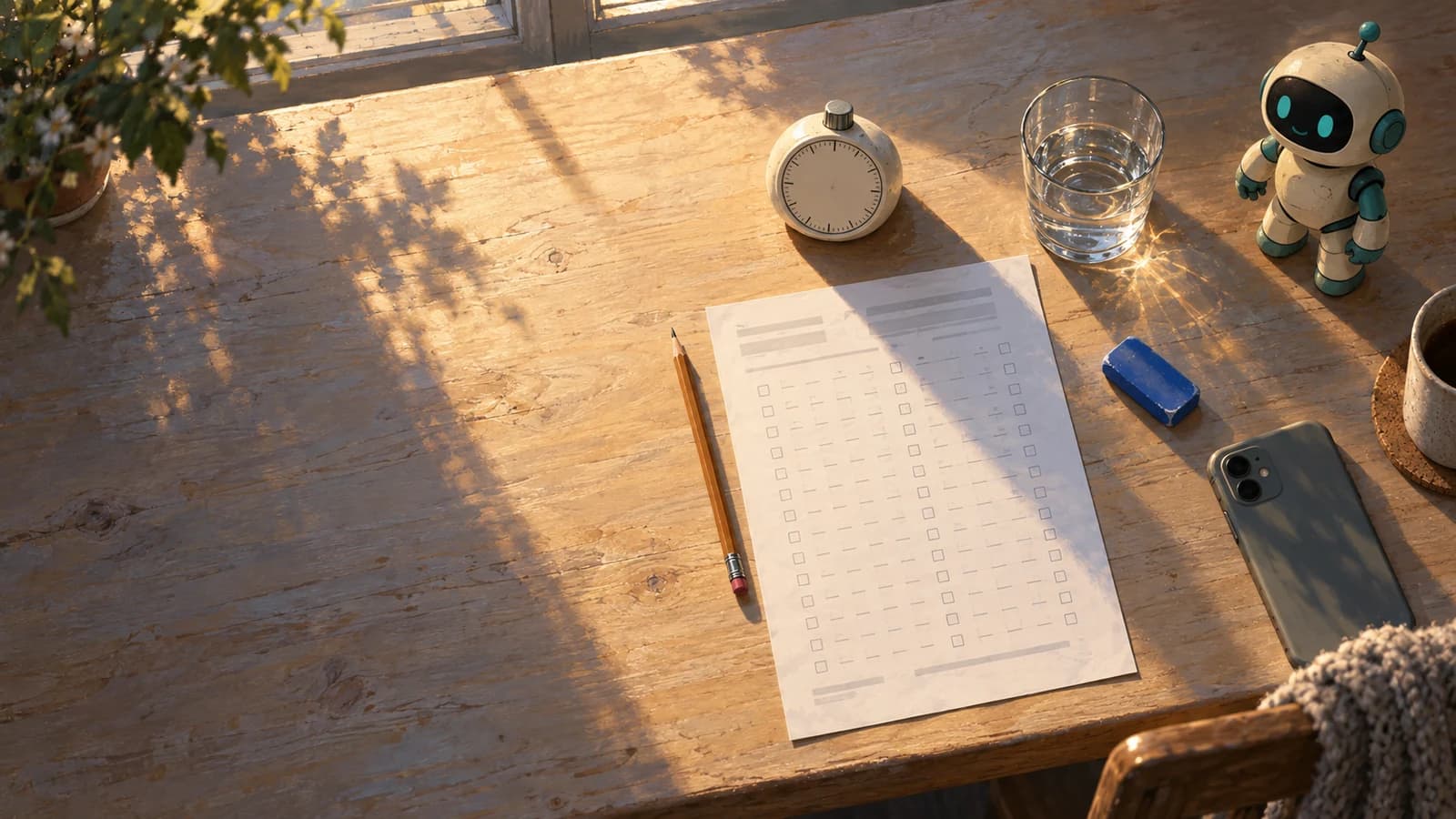 An exam-style table by a window photographed from directly overhead, with a kitchen timer, a pencil, a blank tick-box answer sheet and a phone face down.