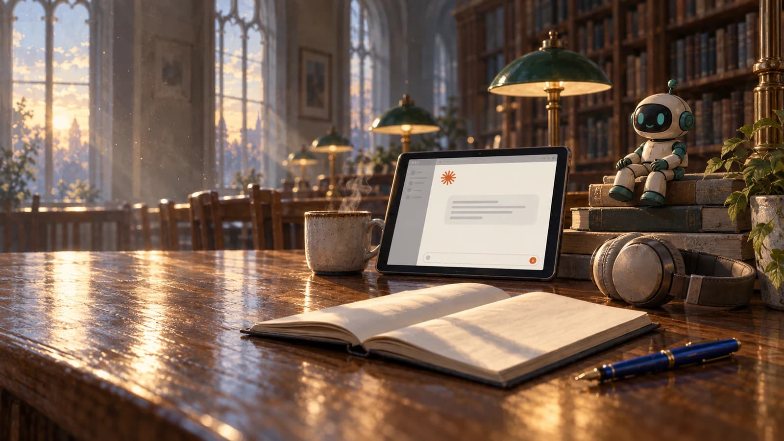A library reading room seen low along a table toward arched windows, with green-shaded lamps, an open blank notebook, headphones and a propped tablet.