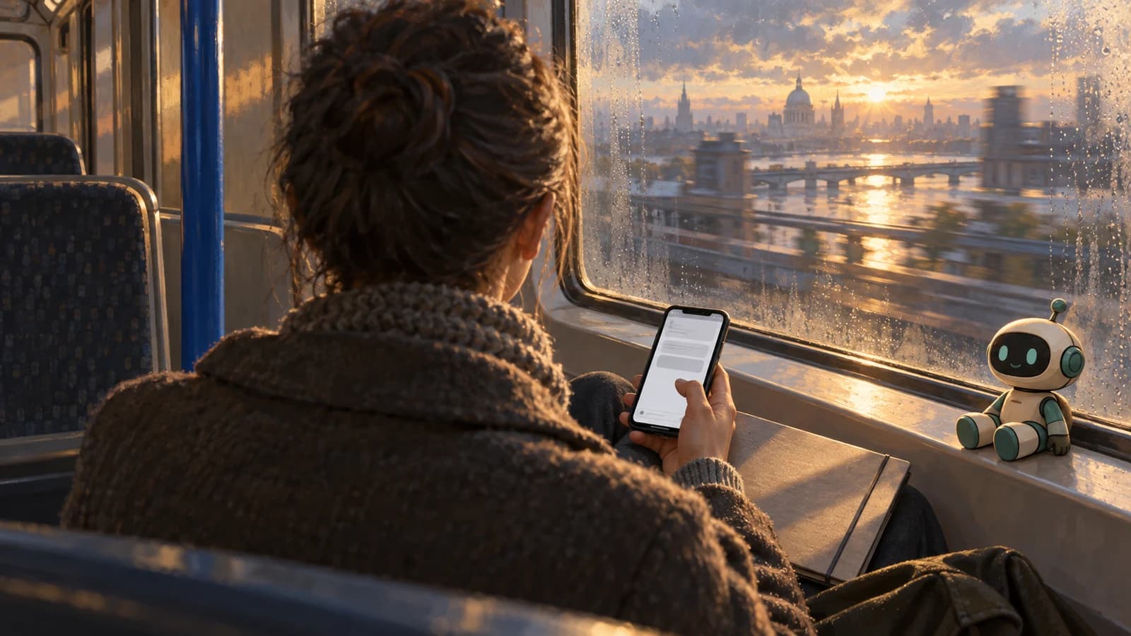 A commuter train at dawn over the shoulder of a seated passenger, with a portfolio folder on their knee, a phone in hand and the city through a rain-flecked window.