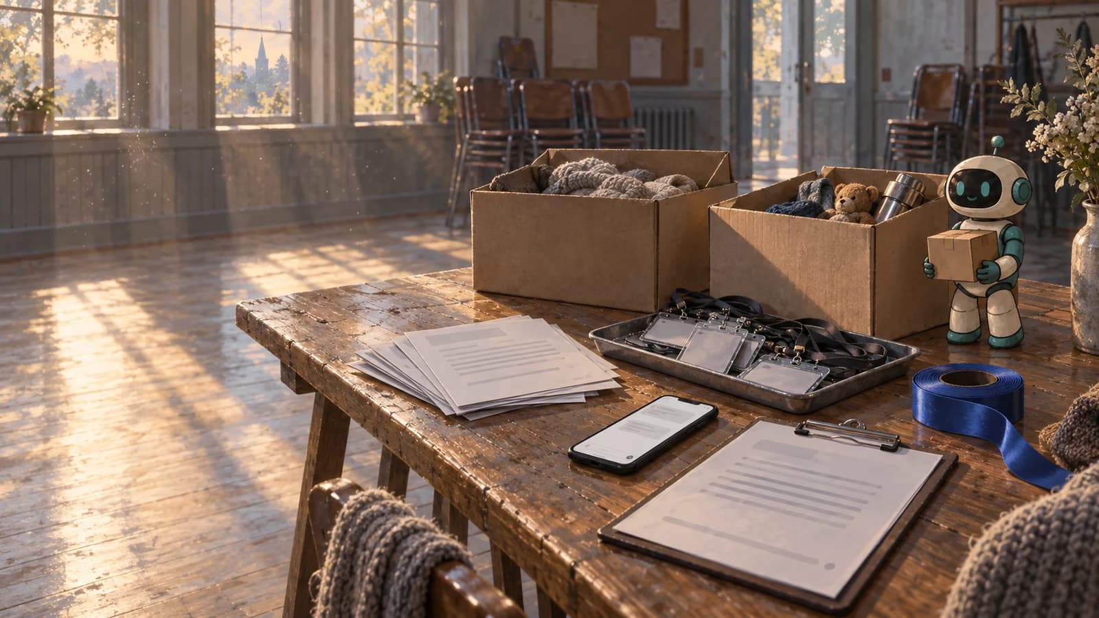 A community hall table seen from above along its length, with boxes of donated goods, a tray of blank name badges, a clipboard and a stack of flyers.
