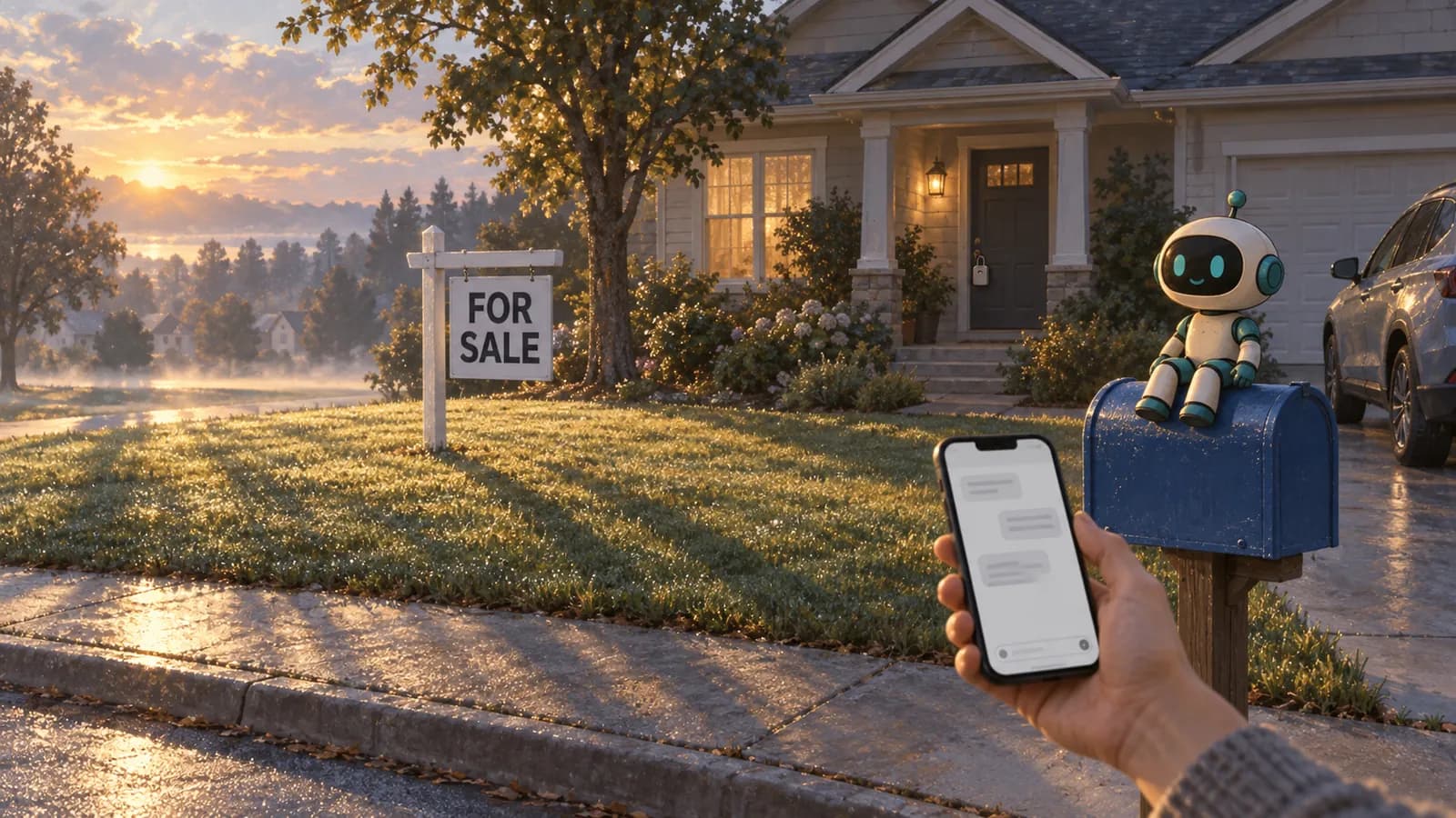 A single-family house at dawn seen from across the front lawn, with a for sale sign in the yard, a car in the driveway, a lockbox on the door and a hand holding a phone.
