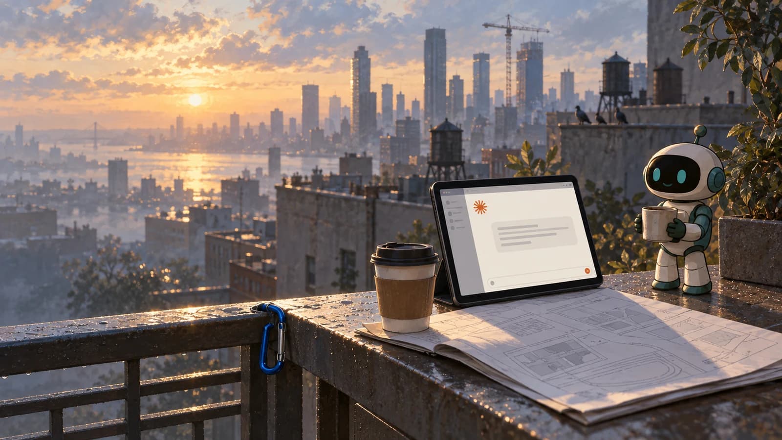 A city skyline at dawn from behind a rooftop rail, with a tablet and a folded site plan weighted down by a coffee.