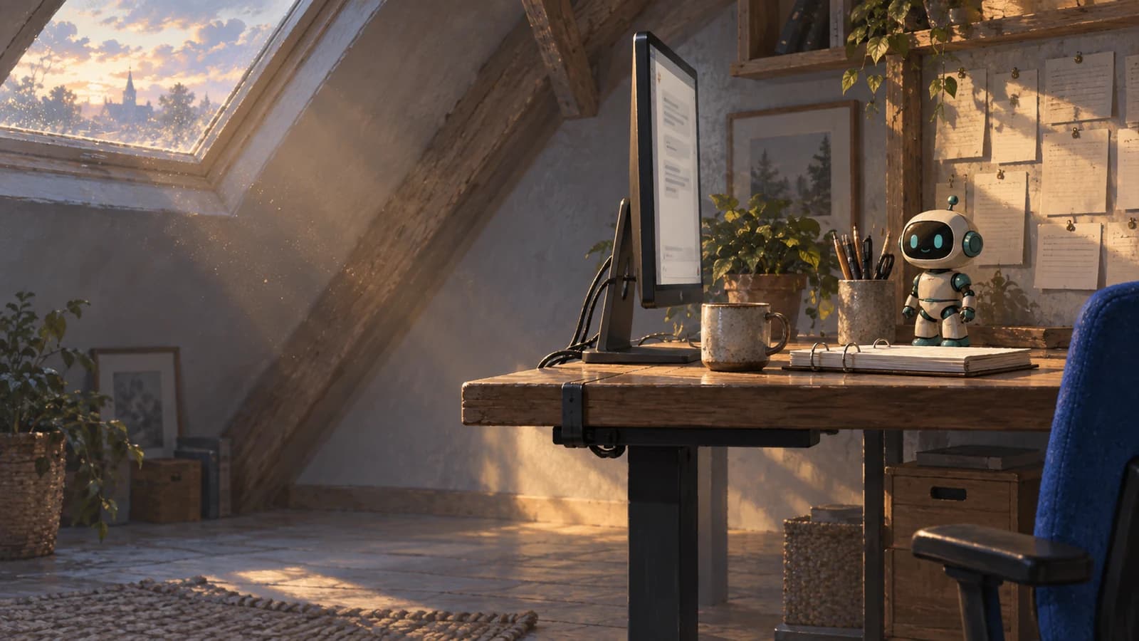 A converted attic study seen in side profile across the desk, with a sloped roof window, a single monitor, coiled cables, a ring binder and a wall of pinned blank cards.