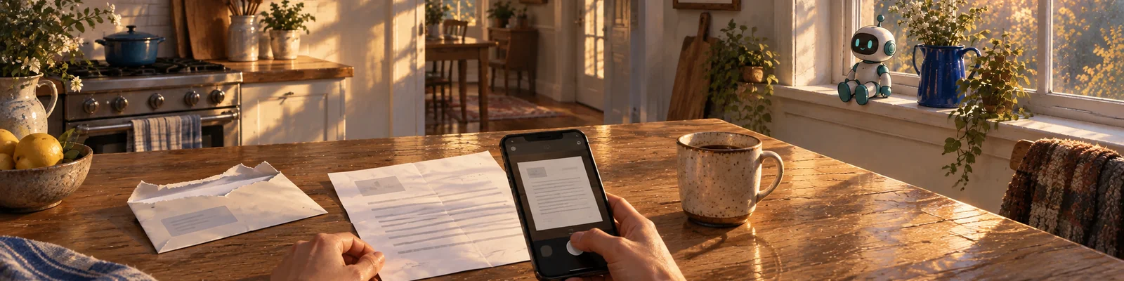 A hand holds a phone over an unfolded letter on a sunlit kitchen table, taking its picture, with the torn envelope and a mug beside it.