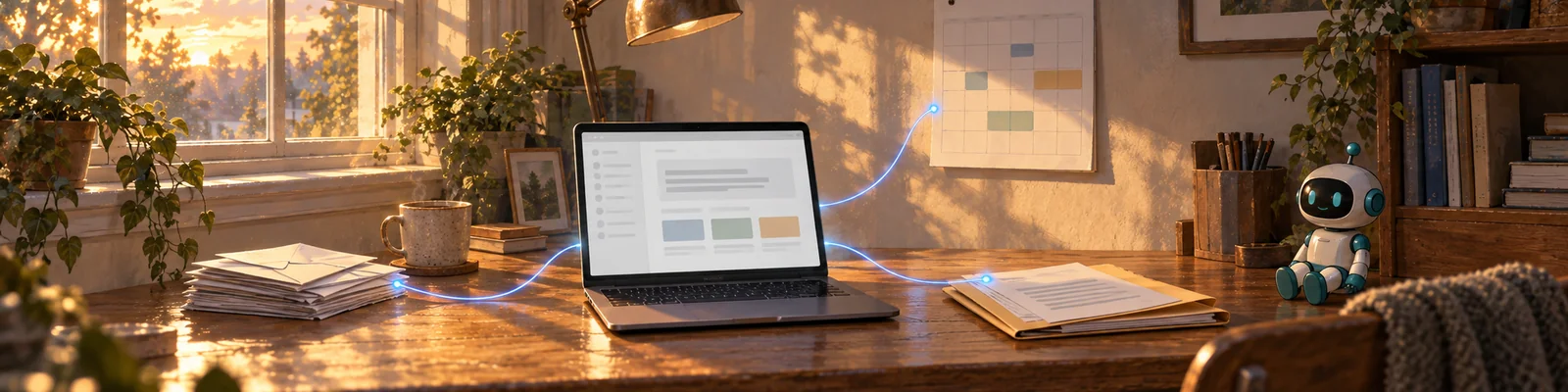 An open laptop on a desk with thin blue lines running from it to a stack of envelopes, a calendar page pinned on the wall and a folder of papers.