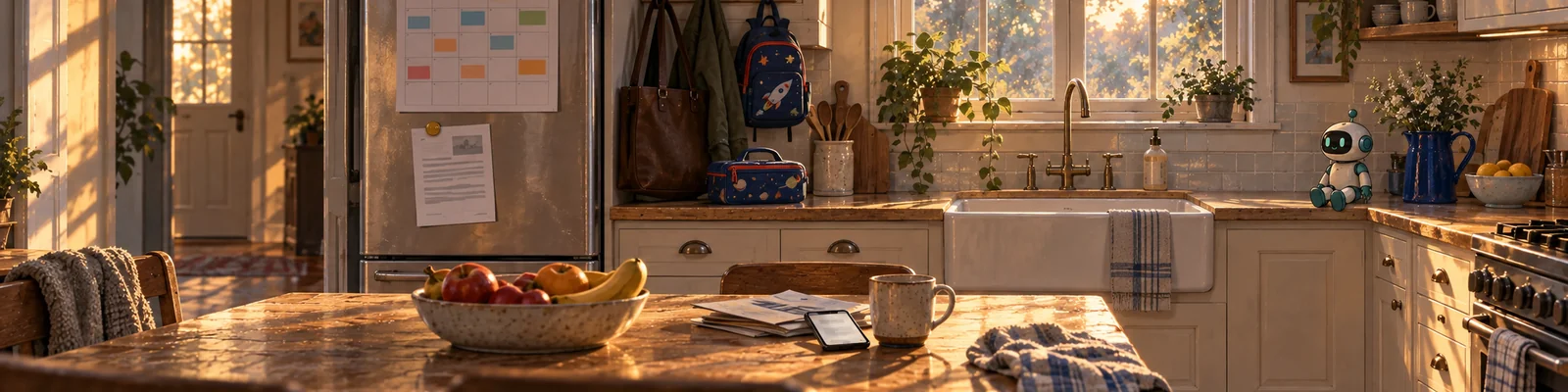 A family kitchen with a calendar and a school note on the fridge, a pile of bills and a phone on the table, and a work bag and a school backpack on the hooks.