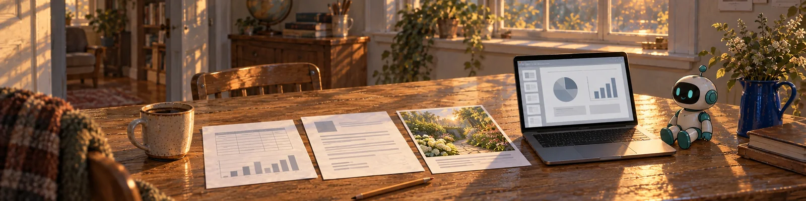 A kitchen table with four finished pieces laid out in a row: a printed budget with a bar chart, a resume, a garden flyer and a laptop showing a slide.