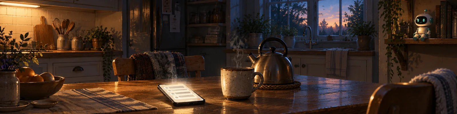 A dark kitchen before dawn, a phone on the table lit up with a short list of notifications next to a kettle and a mug.