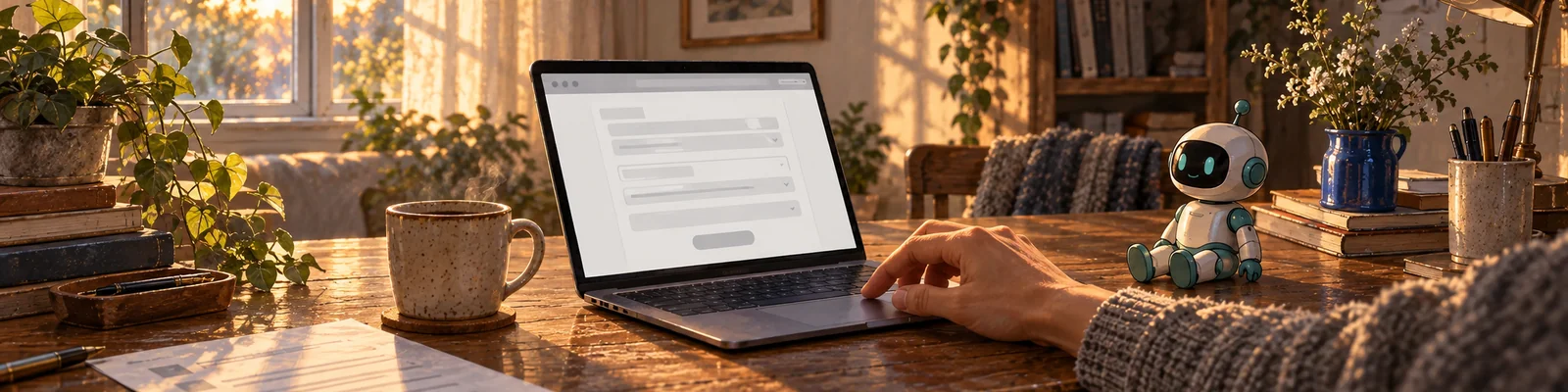 A laptop showing a long web form with its fields filled in, a hand resting on the trackpad just before the final button.