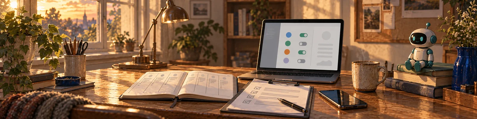 A desk at the end of the week with an open notebook of ticked columns, a checklist on a clipboard and a laptop listing connected services with on and off switches.